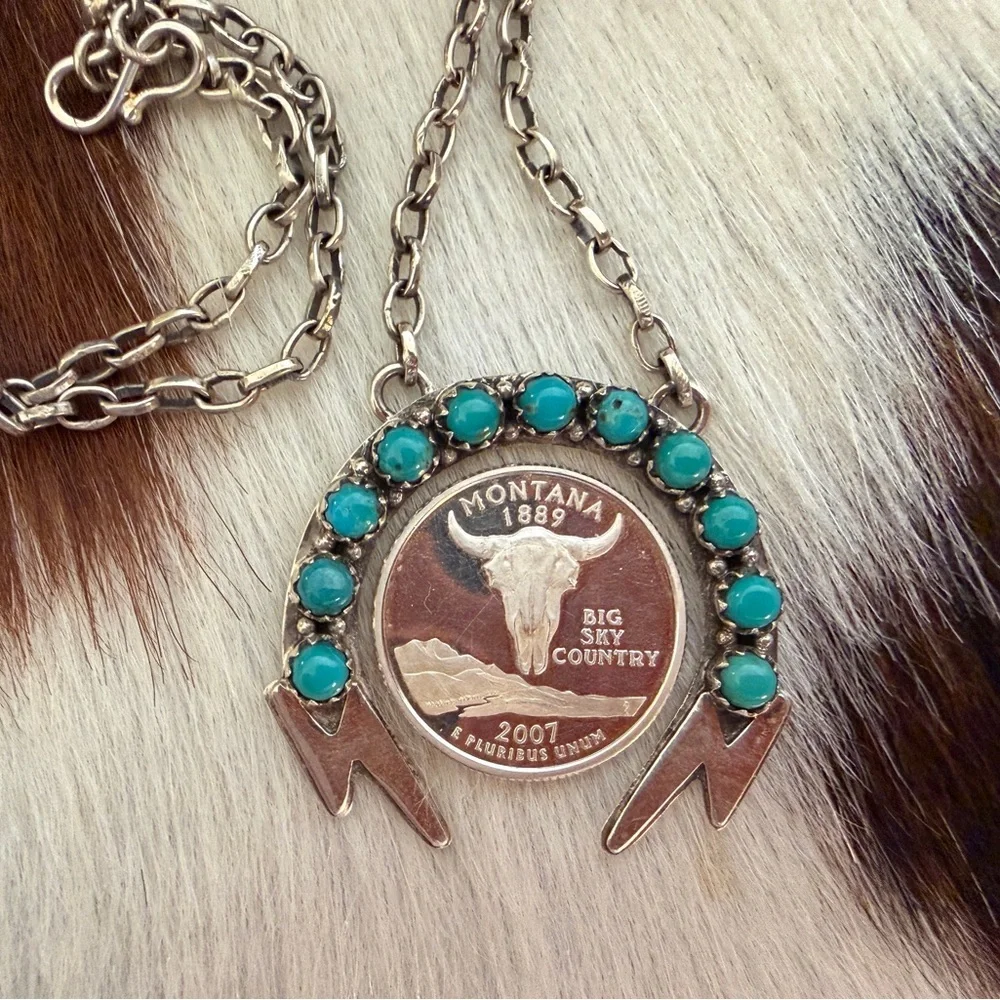 ❤️ Kingman Turquoise Lightning Horseshoe Pendant 22” ADJ Necklace 17.1G Unisex
